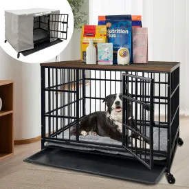 26/38 inch Heavy Duty Indestructible Dog Crate Furniture with Cushion and Cover for Large Medium Dogs High Anxiety Wooden Dog Cage Kennel with Removable Tray & Lockable Wheels