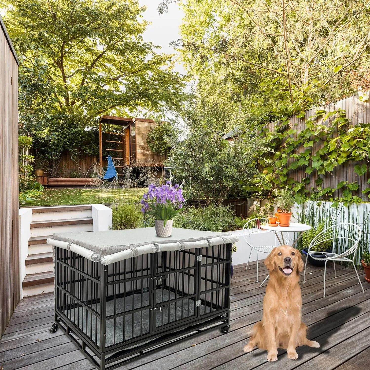 26/38 inch Heavy Duty Indestructible Dog Crate Furniture with Cushion and Cover for Large Medium Dogs High Anxiety Wooden Dog Cage Kennel with Removable Tray & Lockable Wheels