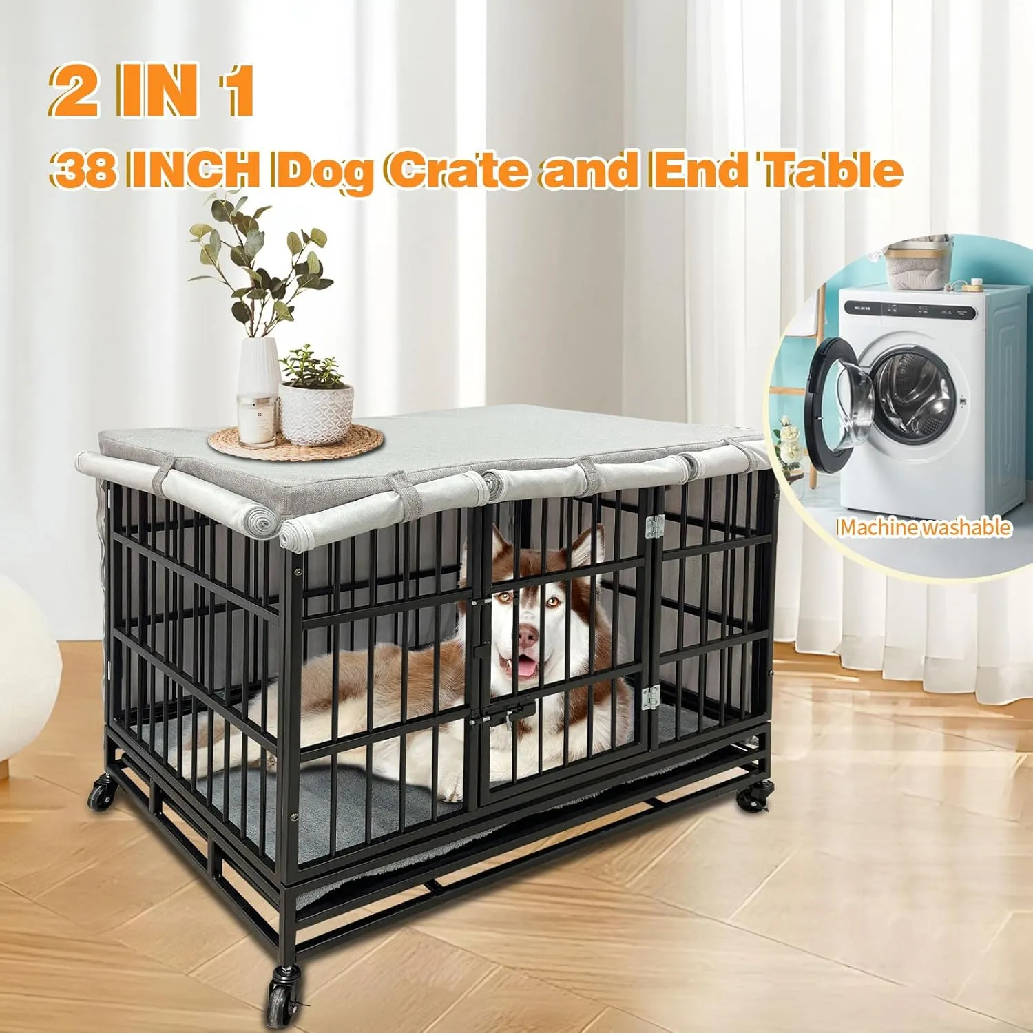 26/38 inch Heavy Duty Indestructible Dog Crate Furniture with Cushion and Cover for Large Medium Dogs High Anxiety Wooden Dog Cage Kennel with Removable Tray & Lockable Wheels
