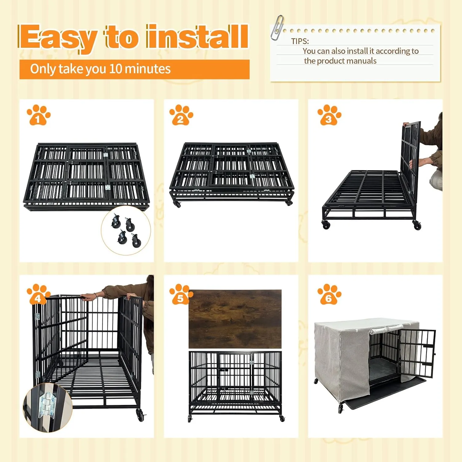 26/38 inch Heavy Duty Indestructible Dog Crate Furniture with Cushion and Cover for Large Medium Dogs High Anxiety Wooden Dog Cage Kennel with Removable Tray & Lockable Wheels