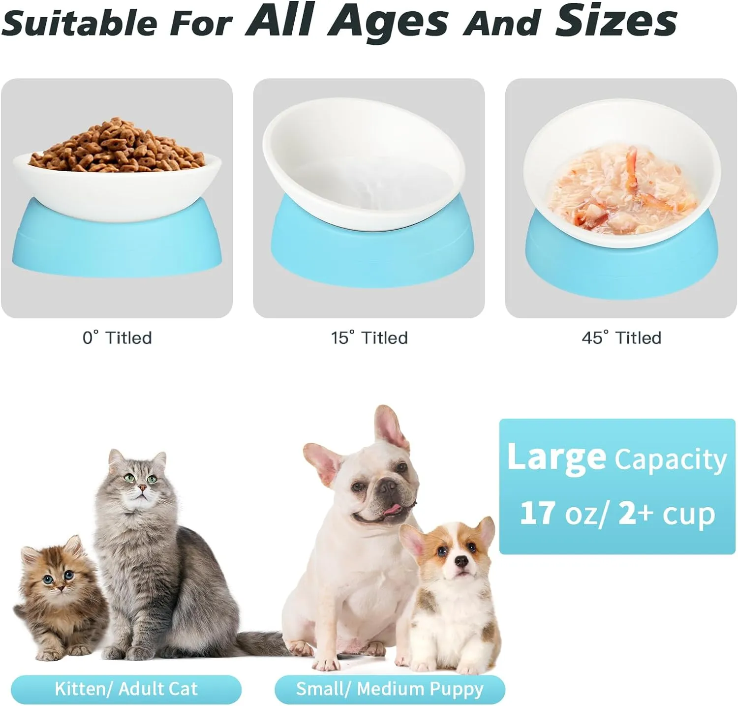 2Pcs Cat Bowls Elevated Cat Food Bowl Adjustable Cat Dish Anti-Slip and Anti-Noise Raised Cat Bowl Protecting Pets Spine Thickened Plastic Bowl Suitable for Indoor Cats, 17 Oz