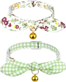 2pcs Cat Collars Breakaway with Bells, Adjustable Cats Collar with Bow, Green Cat Bowtie Collar for Girl and Boy Cats