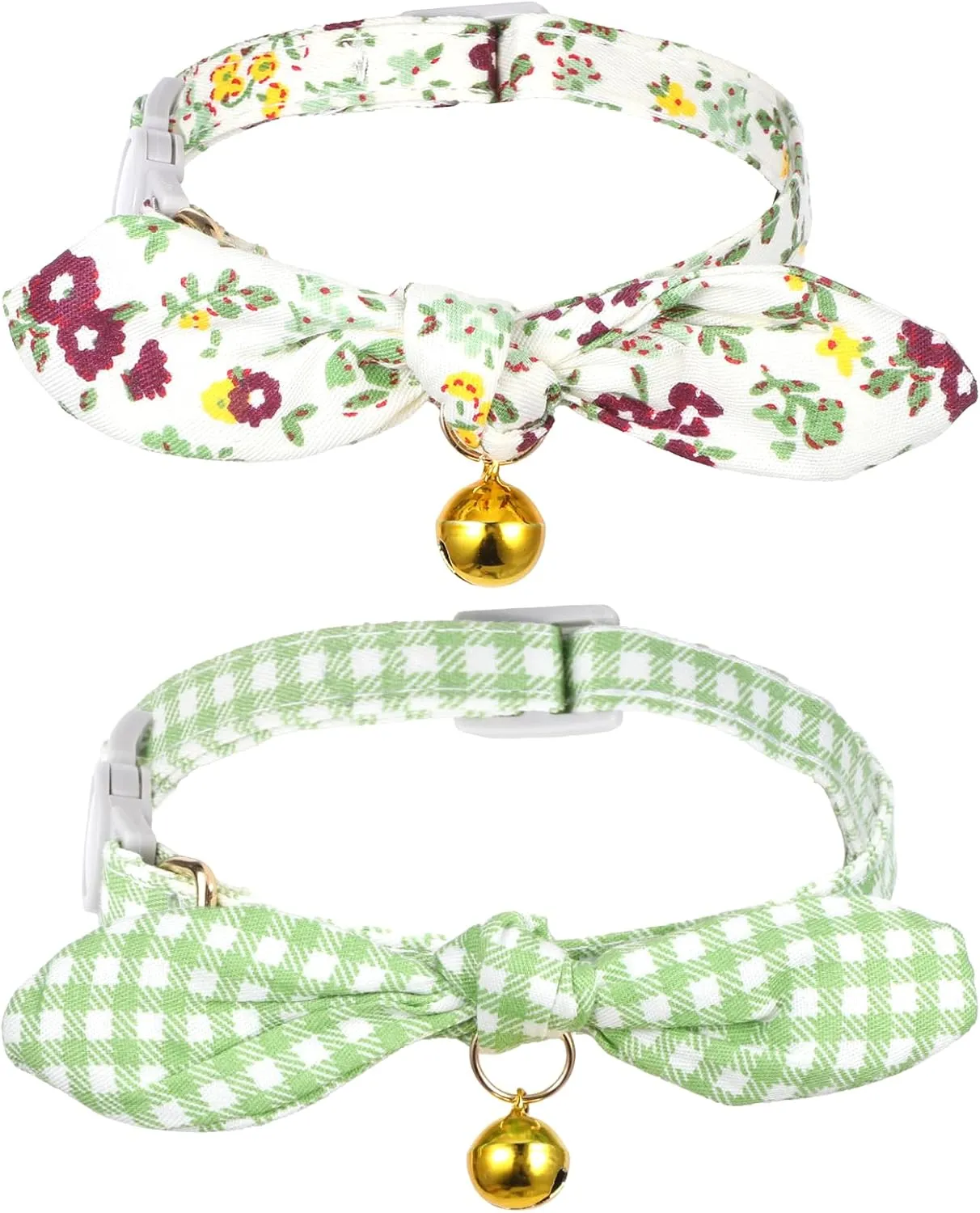 2pcs Cat Collars Breakaway with Bells, Adjustable Cats Collar with Bow, Green Cat Bowtie Collar for Girl and Boy Cats