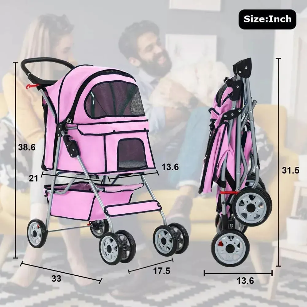 3/4 Wheels Pet Stroller Dog Cat Cage Jogger Stroller for Medium Small Dogs Cats Travel Folding Carrier Waterproof Puppy Stroller - Pink