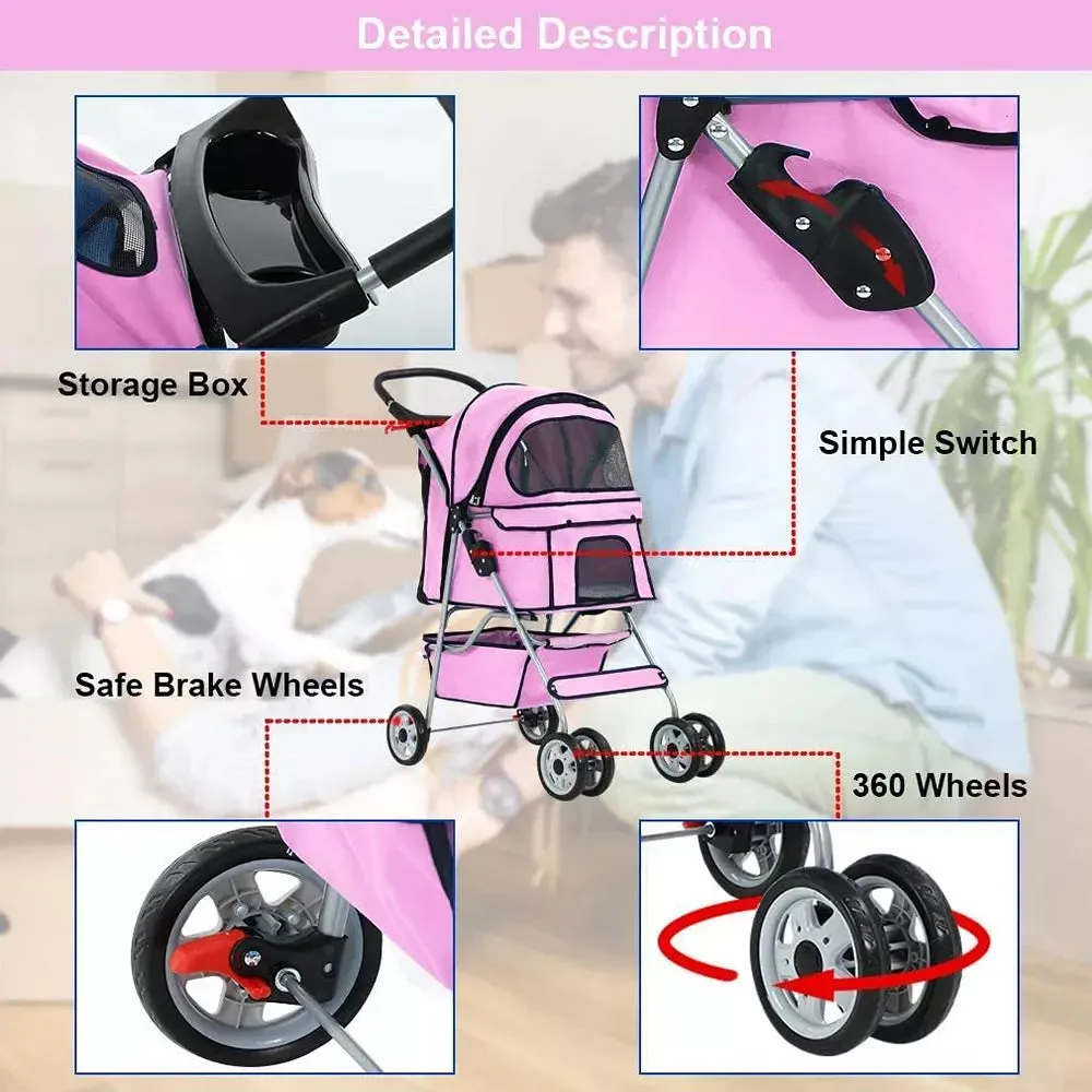 3/4 Wheels Pet Stroller Dog Cat Cage Jogger Stroller for Medium Small Dogs Cats Travel Folding Carrier Waterproof Puppy Stroller - Pink