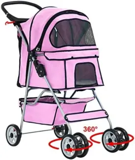 3/4 Wheels Pet Stroller Dog Cat Cage Jogger Stroller for Medium Small Dogs Cats Travel Folding Carrier Waterproof Puppy Stroller - Pink