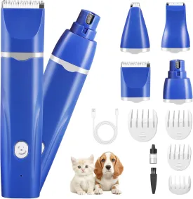 4-in-1 Dog Clippers for Grooming Dog Scissors Beauty Suit, Low-Noise Claw Trimmer, Rechargeable, Cordless Nail Grinding Razor, Suitable for Cats, Dogs and Other Small Pets (Blue)