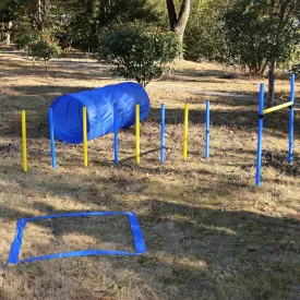 4 Pack Obstacle Dog Agility Training Equipment Set with Adjustable High Jump,Weave Poles,Square Pause Box,Round Open Tunnel for Various Sized Pet