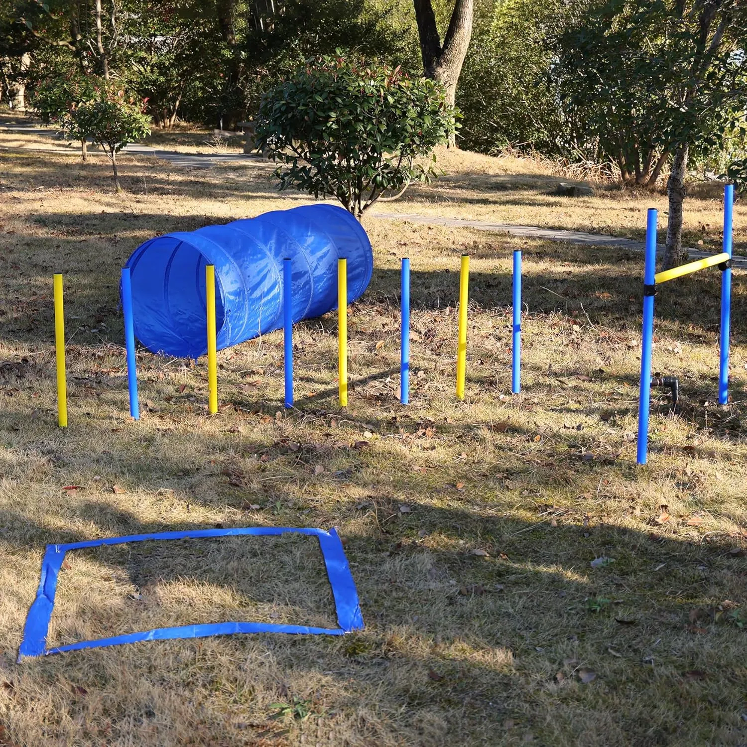 4 Pack Obstacle Dog Agility Training Equipment Set with Adjustable High Jump,Weave Poles,Square Pause Box,Round Open Tunnel for Various Sized Pet
