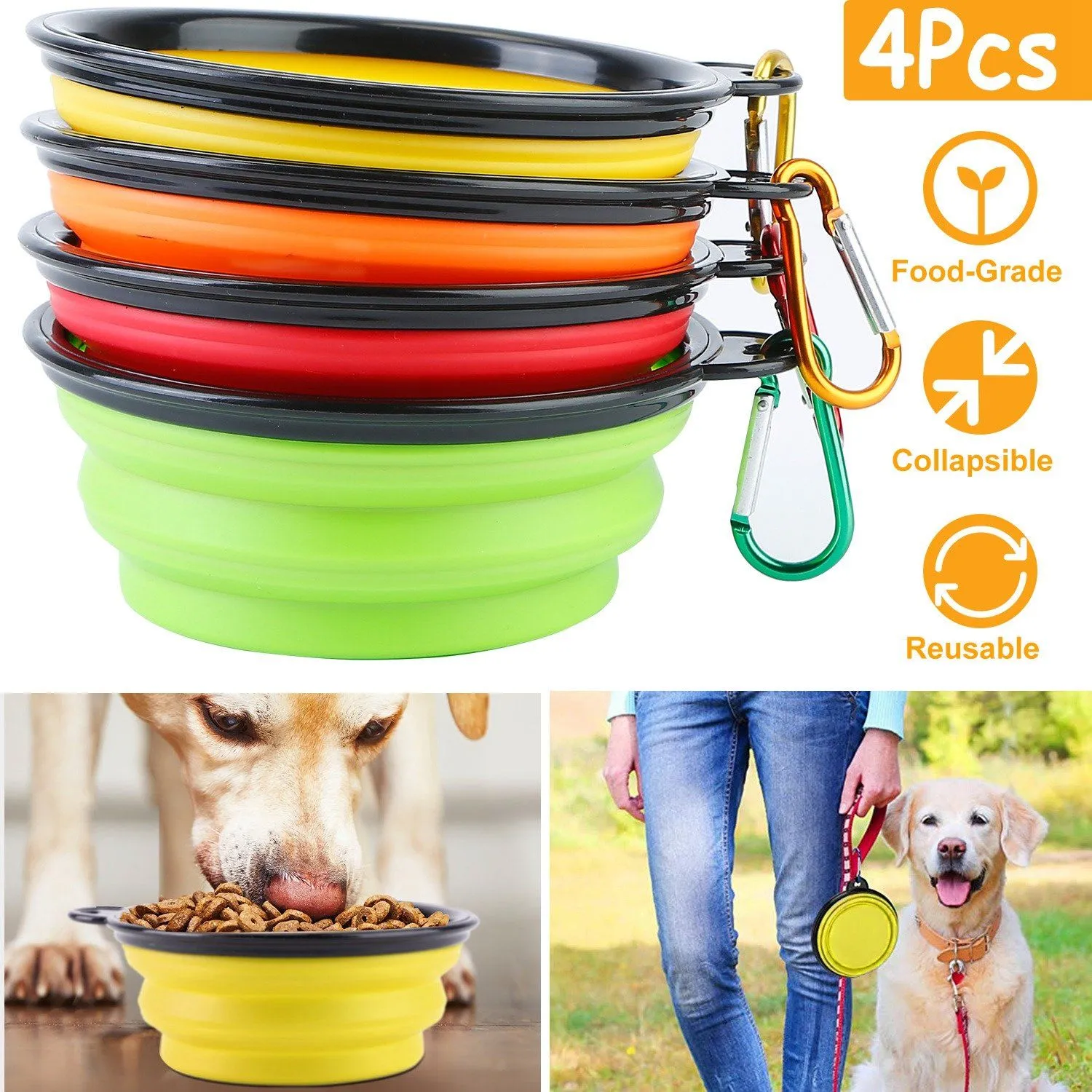 4-Pack: Silicone Collapsible Dog or Cat Food Water Bowl