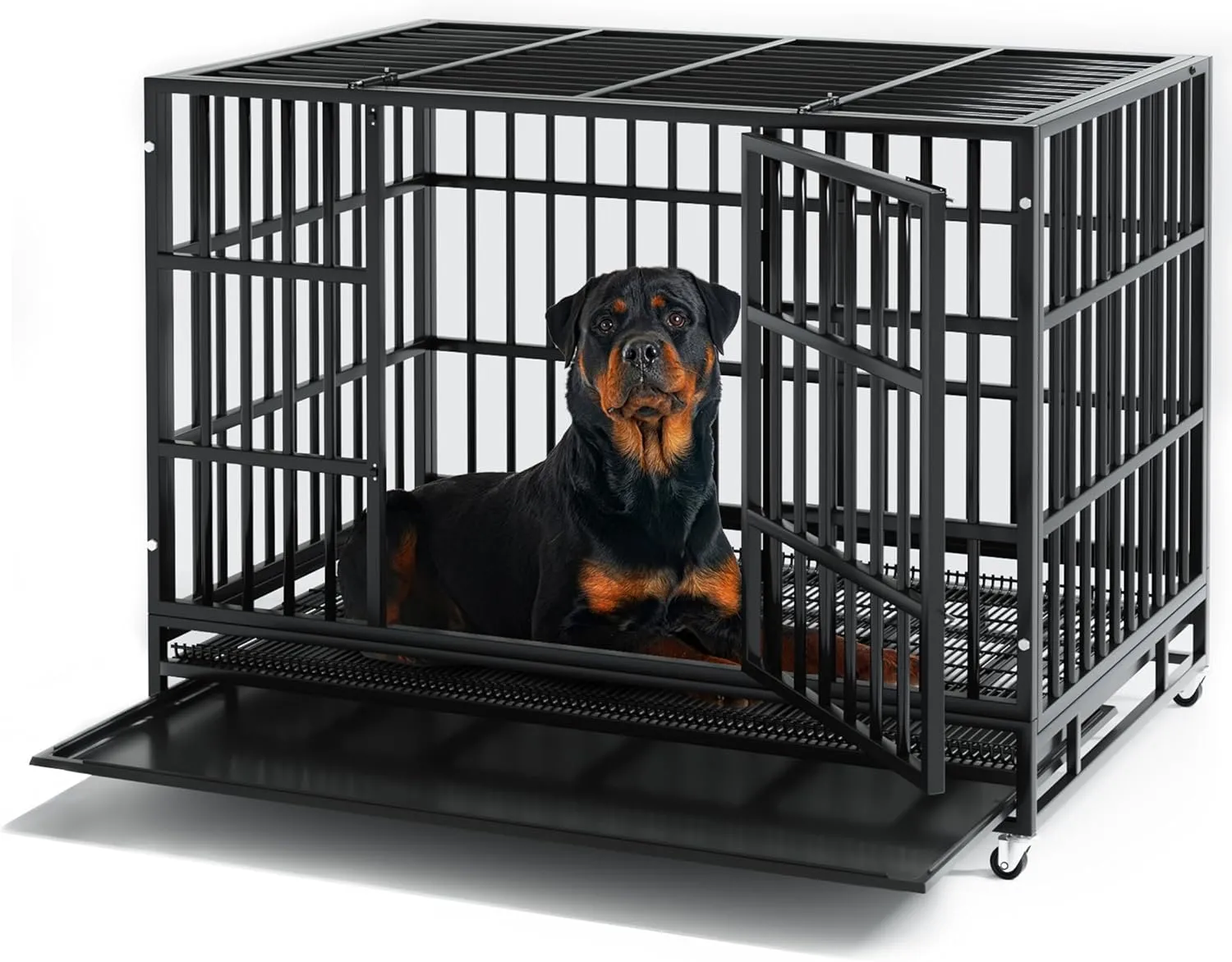 48 inch Heavy Duty Dog Crate, Indestructible Dog Cage Kennel for High Anxiety Dog, Escape Proof & Sturdy Locks Design, Extra Large Crate Indoor with Double Door and Removable Tray