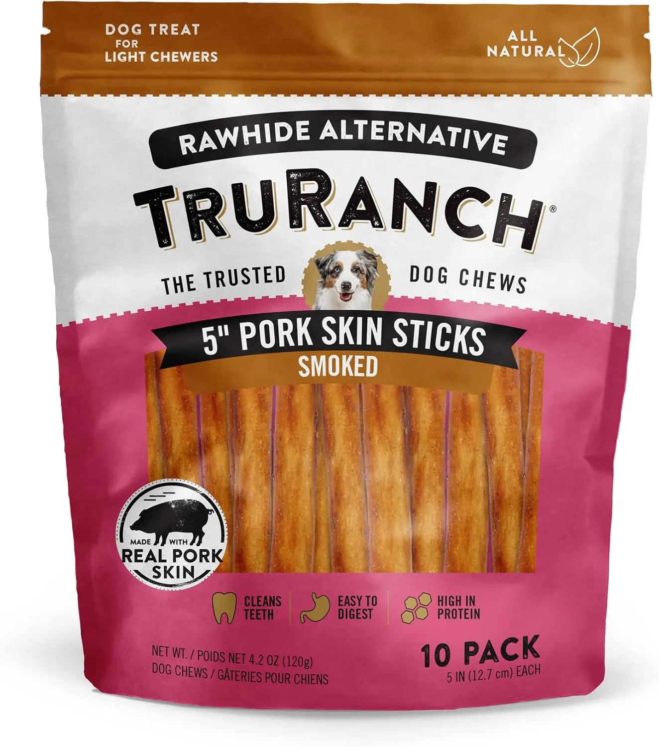 All-Natural Rawhide Alternative Dog Treats, 5" Pork Skin Sticks (Smoked), 10 Pack, with Real Pork, Healthy Treats, Limited Ingredients Dog Chew, for Small, Medium, and Large Dogs