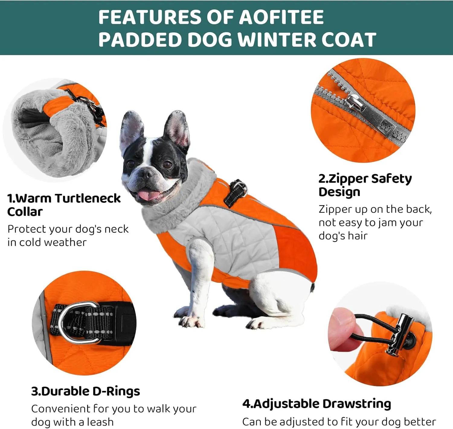 AOFITEE Dog Coat, Dog Winter Coat, Reflective Small Dogs Jacket with Harness Built in and Fleece Lined, Waterproof Pet Winter Jacket Warm Snowsuit for Small Medium Large Dogs, Orange S