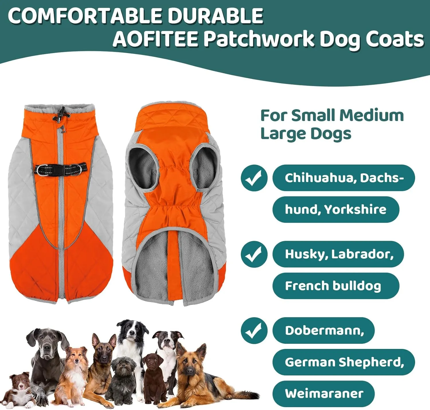 AOFITEE Dog Coat, Dog Winter Coat, Reflective Small Dogs Jacket with Harness Built in and Fleece Lined, Waterproof Pet Winter Jacket Warm Snowsuit for Small Medium Large Dogs, Orange S