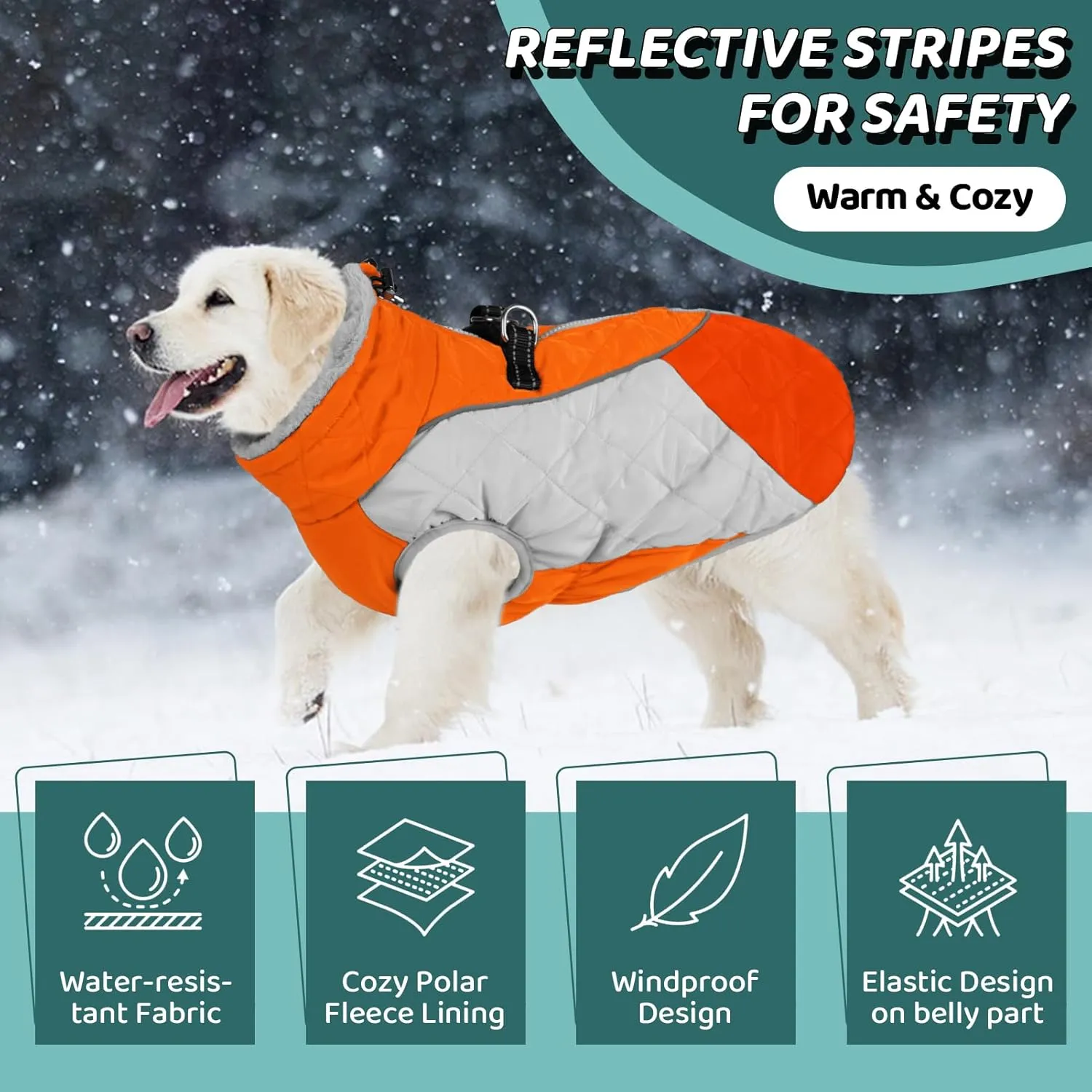 AOFITEE Dog Coat, Dog Winter Coat, Reflective Small Dogs Jacket with Harness Built in and Fleece Lined, Waterproof Pet Winter Jacket Warm Snowsuit for Small Medium Large Dogs, Orange S