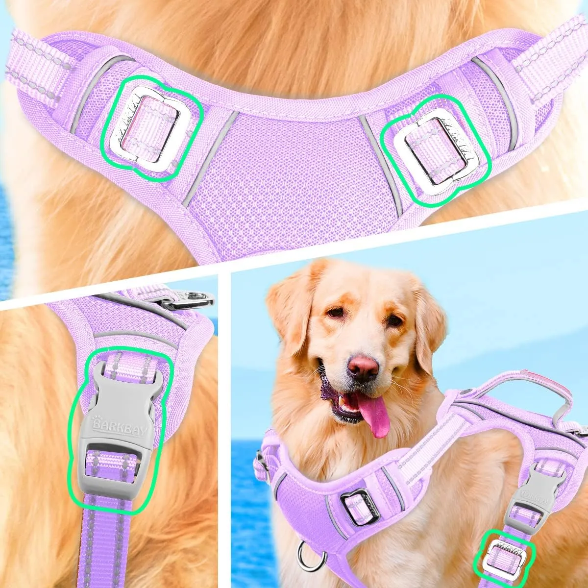 BARKBAY No Pull Dog Harness Large Reflective Dog Harness with Front Clip and Easy Control Handle for Walking Training Running with ID tag Pocket(Violet Purple,XL)
