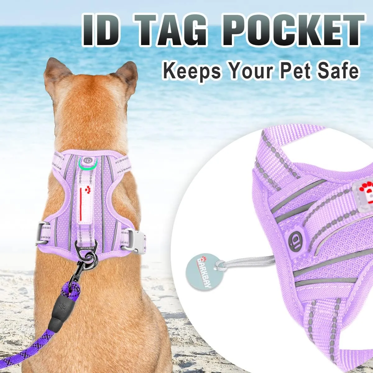 BARKBAY No Pull Dog Harness Large Reflective Dog Harness with Front Clip and Easy Control Handle for Walking Training Running with ID tag Pocket(Violet Purple,XL)