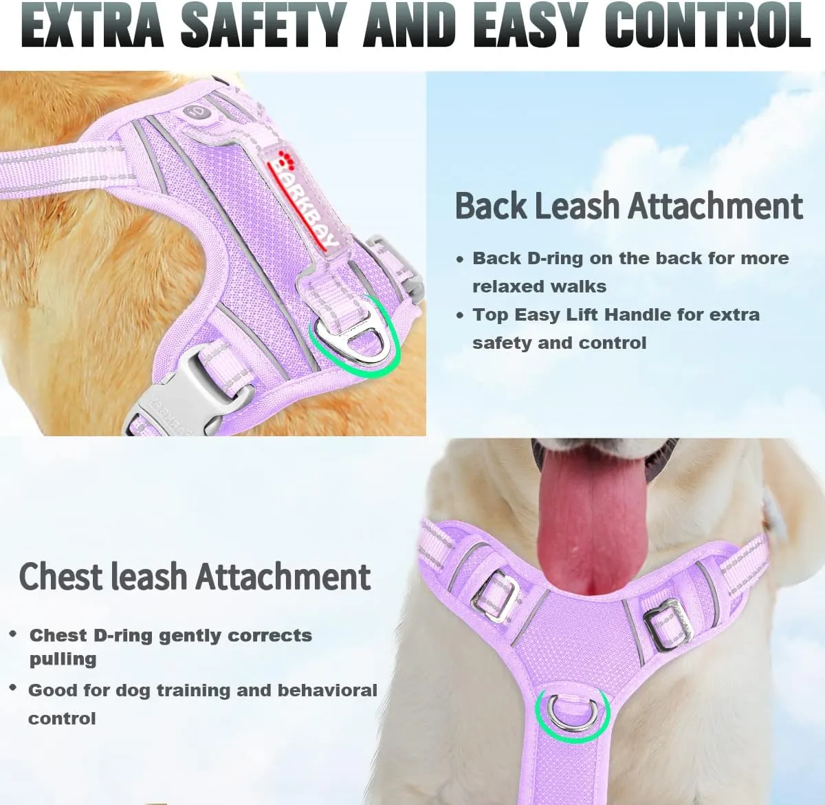 BARKBAY No Pull Dog Harness Large Reflective Dog Harness with Front Clip and Easy Control Handle for Walking Training Running with ID tag Pocket(Violet Purple,XL)