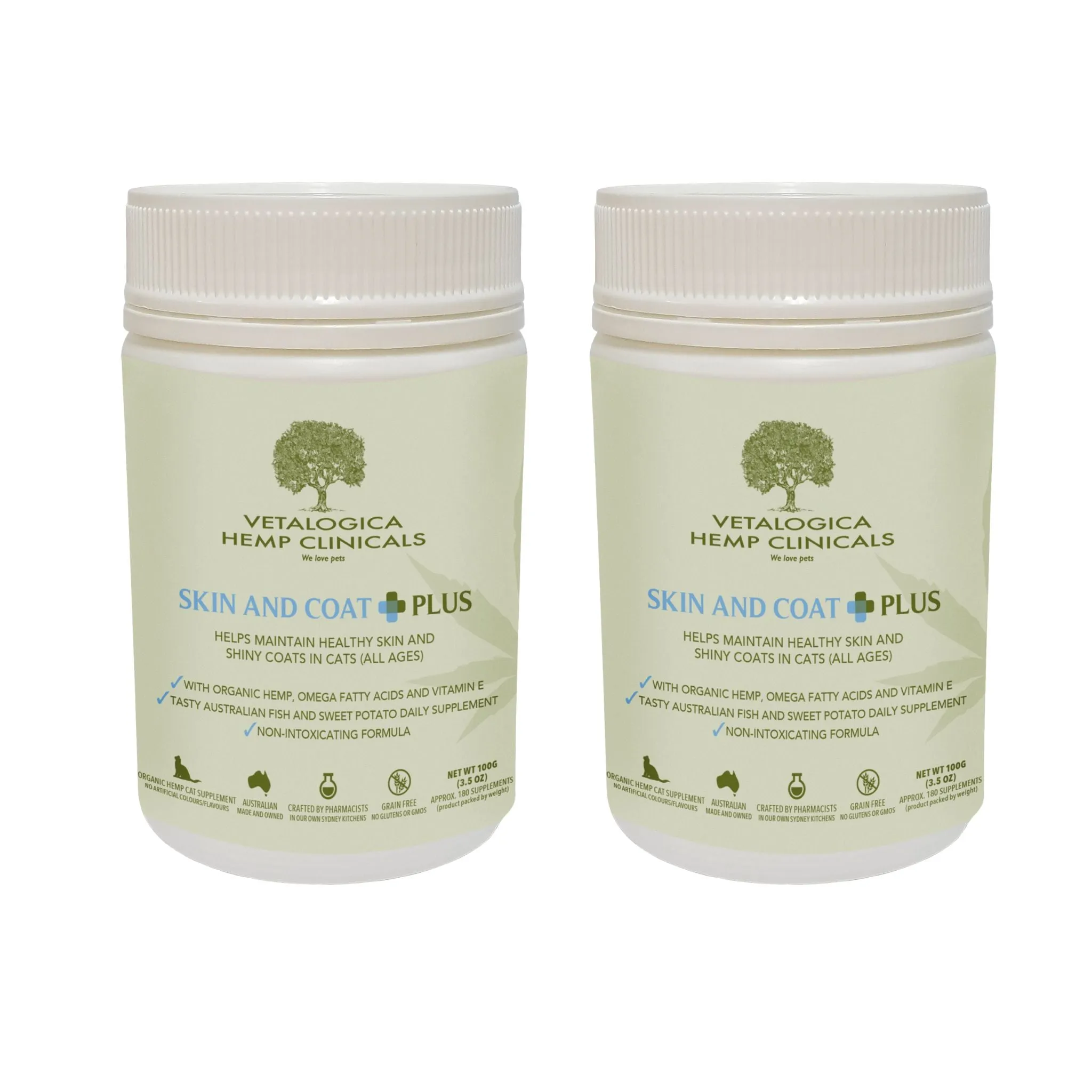 Bundle Pack of 2 x Vetalogica Hemp Clinicals Skin & Coat Plus Supplements for Cats 100g