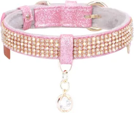 Cat Collar, Dog Collar, [Bling Rhinestones] Premium PU Leather with Pendant Adjustable Collars for Small to Medium Dog Medium Pink