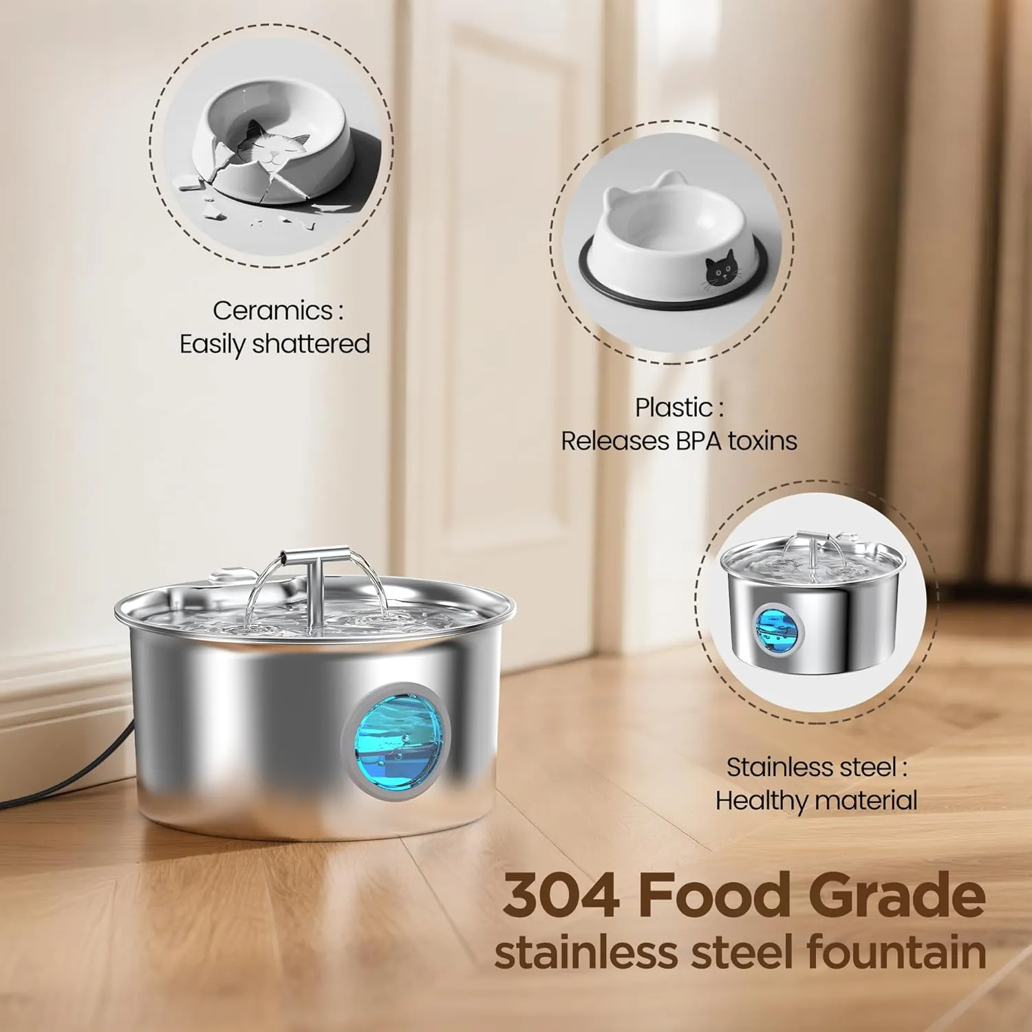 Cat Water Fountain Stainless Steel: 2.6L Cat Fountain for Drinking - Pet Water Fountain for Cats Indoor - Automatic Pet Water Dispenser Bowl - Best Auto Feeding Supplies Gift for Small Dog Large Kitty
