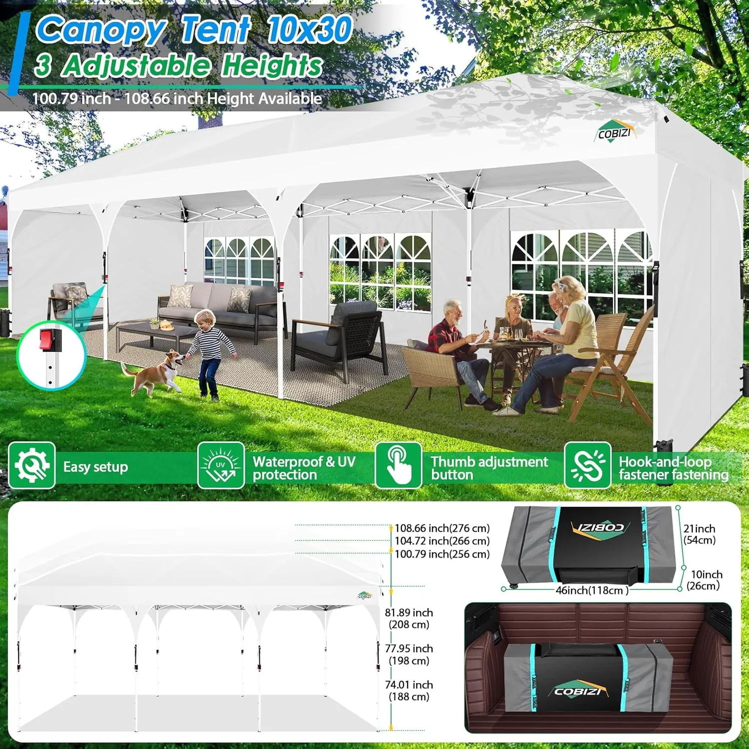 COBIZI 10X30 Party Tent 10x30 Pop Up Canopy Tent for Parties with Wheeled Bag|Push Center Lock & 5 Sidewalls|Waterproof & UPF50 |Gazebo Outdoor Canopy for Wedding,BBQ with 8 Stakes & 16 Ropes,White