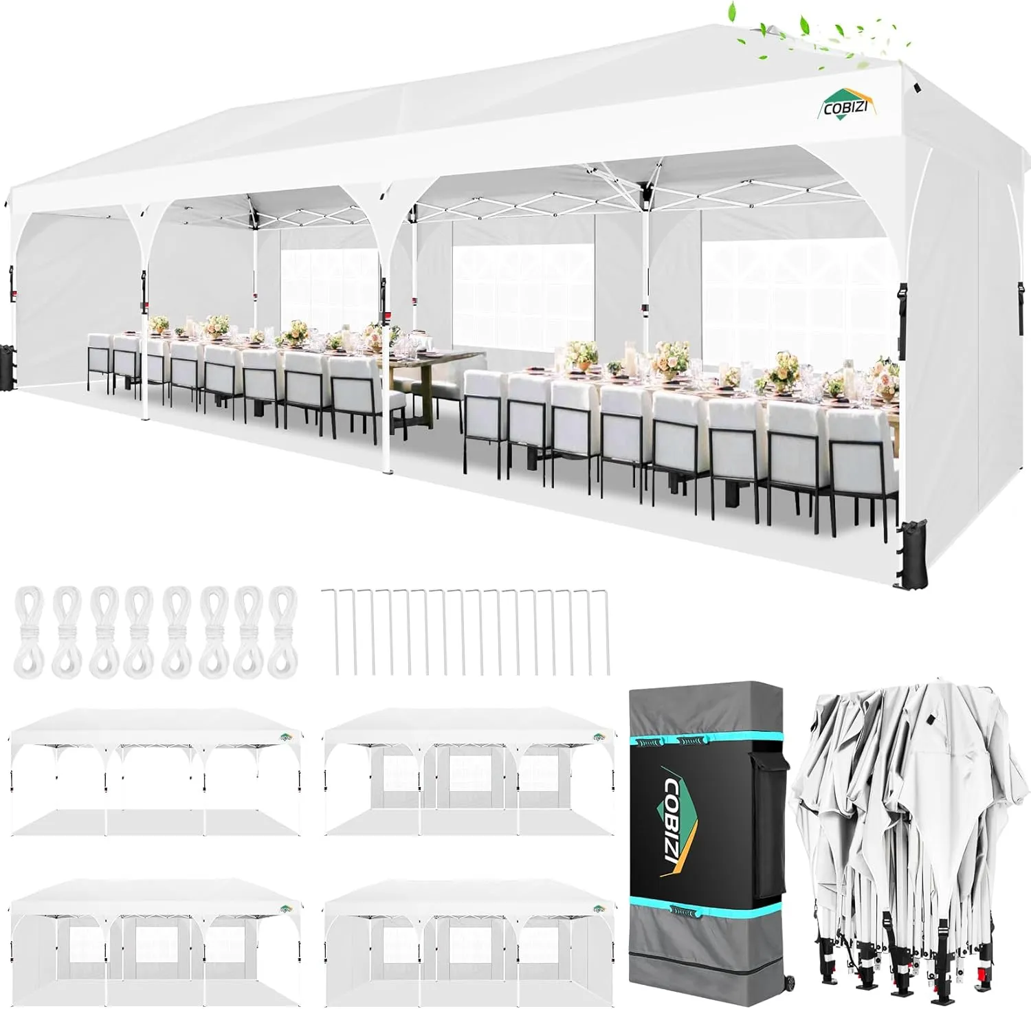 COBIZI 10X30 Party Tent 10x30 Pop Up Canopy Tent for Parties with Wheeled Bag|Push Center Lock & 5 Sidewalls|Waterproof & UPF50 |Gazebo Outdoor Canopy for Wedding,BBQ with 8 Stakes & 16 Ropes,White