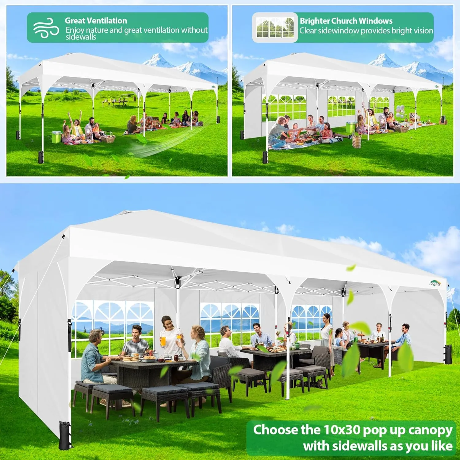 COBIZI 10X30 Party Tent 10x30 Pop Up Canopy Tent for Parties with Wheeled Bag|Push Center Lock & 5 Sidewalls|Waterproof & UPF50 |Gazebo Outdoor Canopy for Wedding,BBQ with 8 Stakes & 16 Ropes,White