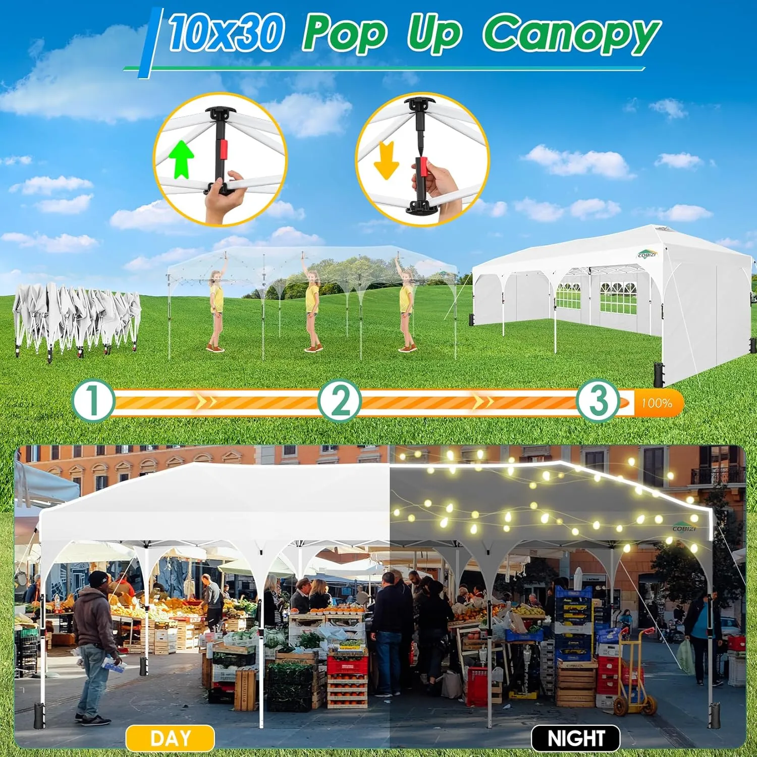 COBIZI 10X30 Party Tent 10x30 Pop Up Canopy Tent for Parties with Wheeled Bag|Push Center Lock & 5 Sidewalls|Waterproof & UPF50 |Gazebo Outdoor Canopy for Wedding,BBQ with 8 Stakes & 16 Ropes,White