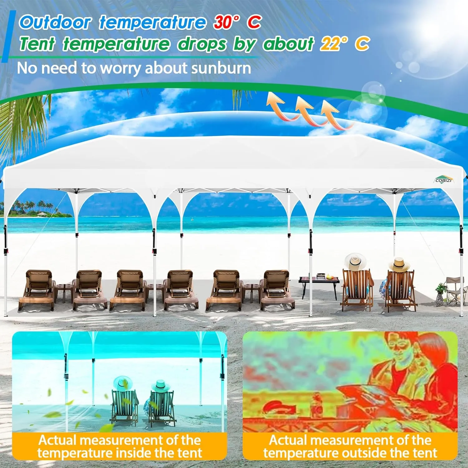 COBIZI 10X30 Party Tent 10x30 Pop Up Canopy Tent for Parties with Wheeled Bag|Push Center Lock & 5 Sidewalls|Waterproof & UPF50 |Gazebo Outdoor Canopy for Wedding,BBQ with 8 Stakes & 16 Ropes,White