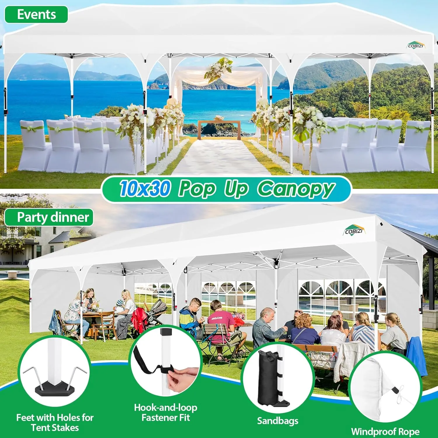 COBIZI 10X30 Party Tent 10x30 Pop Up Canopy Tent for Parties with Wheeled Bag|Push Center Lock & 5 Sidewalls|Waterproof & UPF50 |Gazebo Outdoor Canopy for Wedding,BBQ with 8 Stakes & 16 Ropes,White
