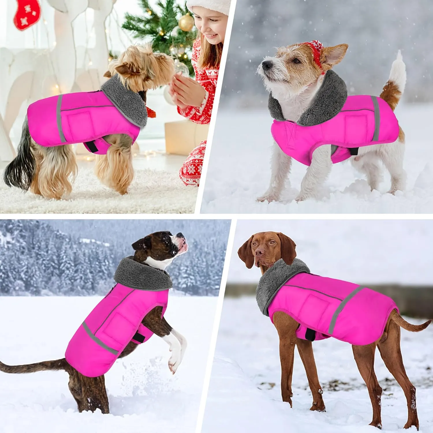 Dogcheer Warm Dog Coat, Christmas Dog Jacket Waterproof Dog Winter Coat with Buckles, Reflective Adjustable Pet Snow Jacket Clothes Turtleneck Fleece Vest for Small Medium Large Dogs - Pink L