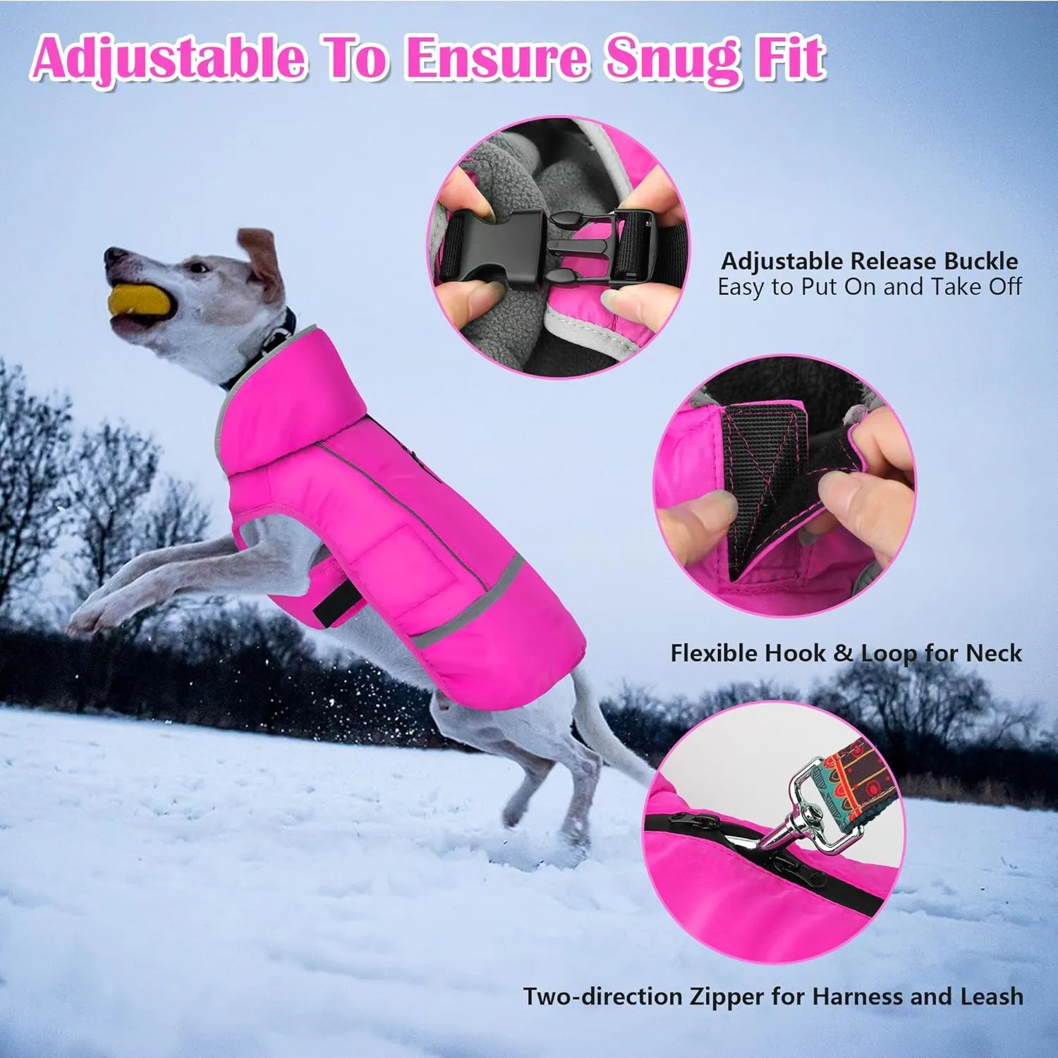 Dogcheer Warm Dog Coat, Christmas Dog Jacket Waterproof Dog Winter Coat with Buckles, Reflective Adjustable Pet Snow Jacket Clothes Turtleneck Fleece Vest for Small Medium Large Dogs - Pink L