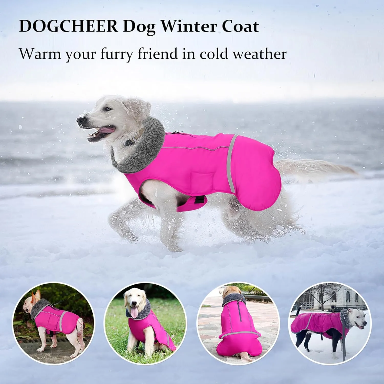 Dogcheer Warm Dog Coat, Christmas Dog Jacket Waterproof Dog Winter Coat with Buckles, Reflective Adjustable Pet Snow Jacket Clothes Turtleneck Fleece Vest for Small Medium Large Dogs - Pink L