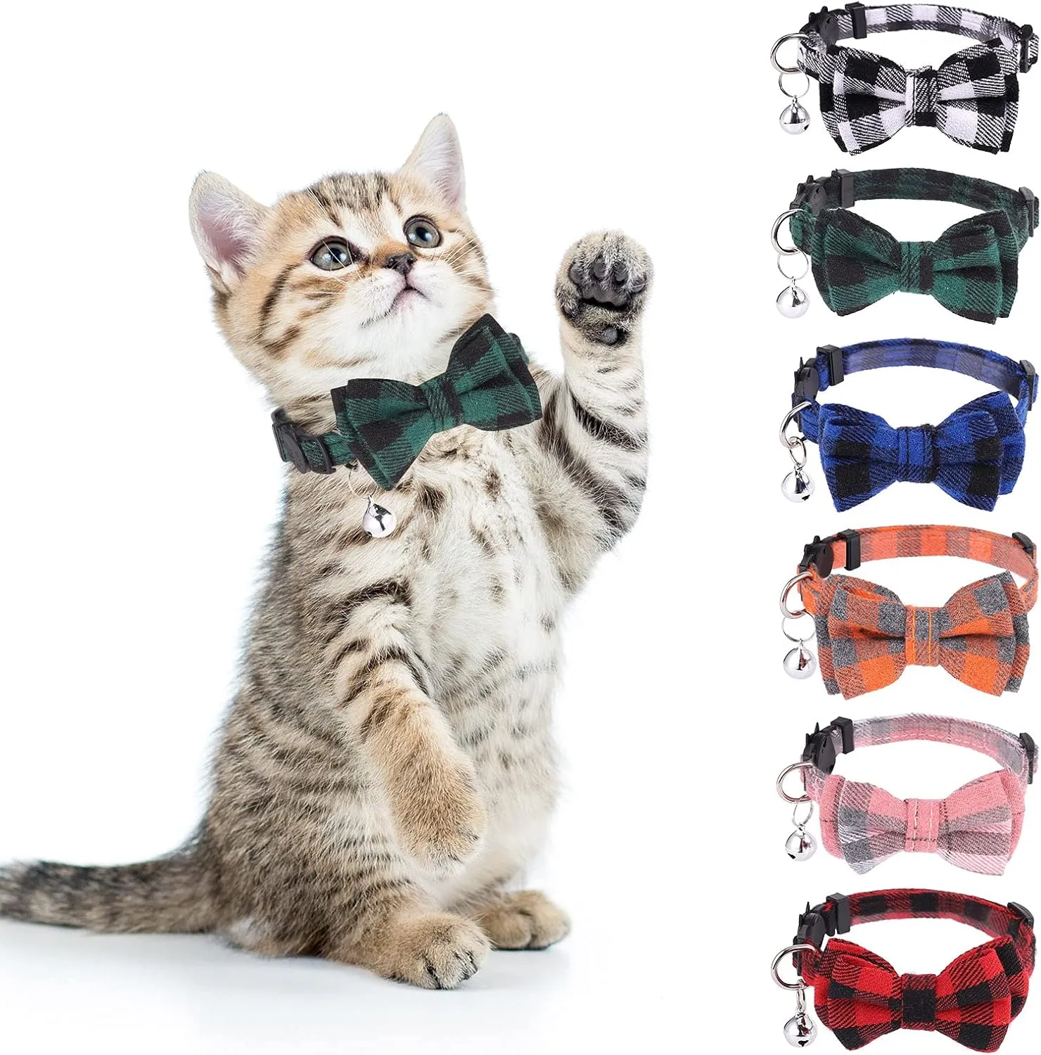 DragonflyDreams 6 PCS Cat Collars with Bow Tie and Bell,Cat Collars Plaid,Breakaway Adjustable Cat Bow Tie Collars,Cute Bow Tie Suitable for Kittens Or Certain Puppies