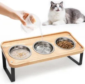 Elevated Cat Bowls, 15 Tilted Wood Stand, Anti-Spill Design, Easy to Clean, Ideal for Water, Dry & Wet Food