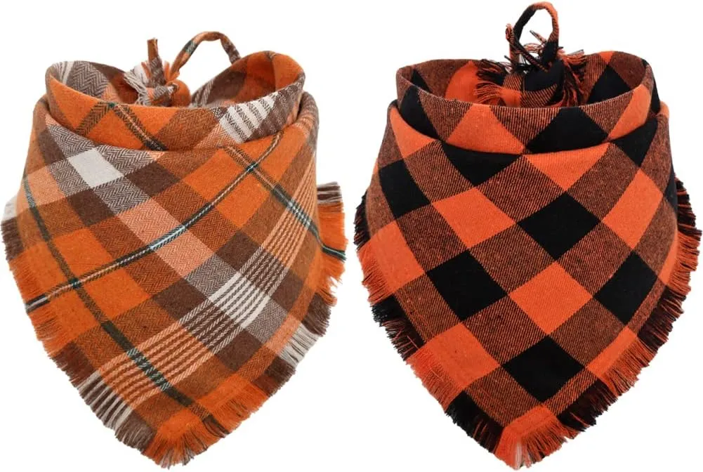 Fall Dog Bandana Autumn Thanksgiving Plaid Reversible Triangle Bibs Scarf Accessories for Dogs Pets