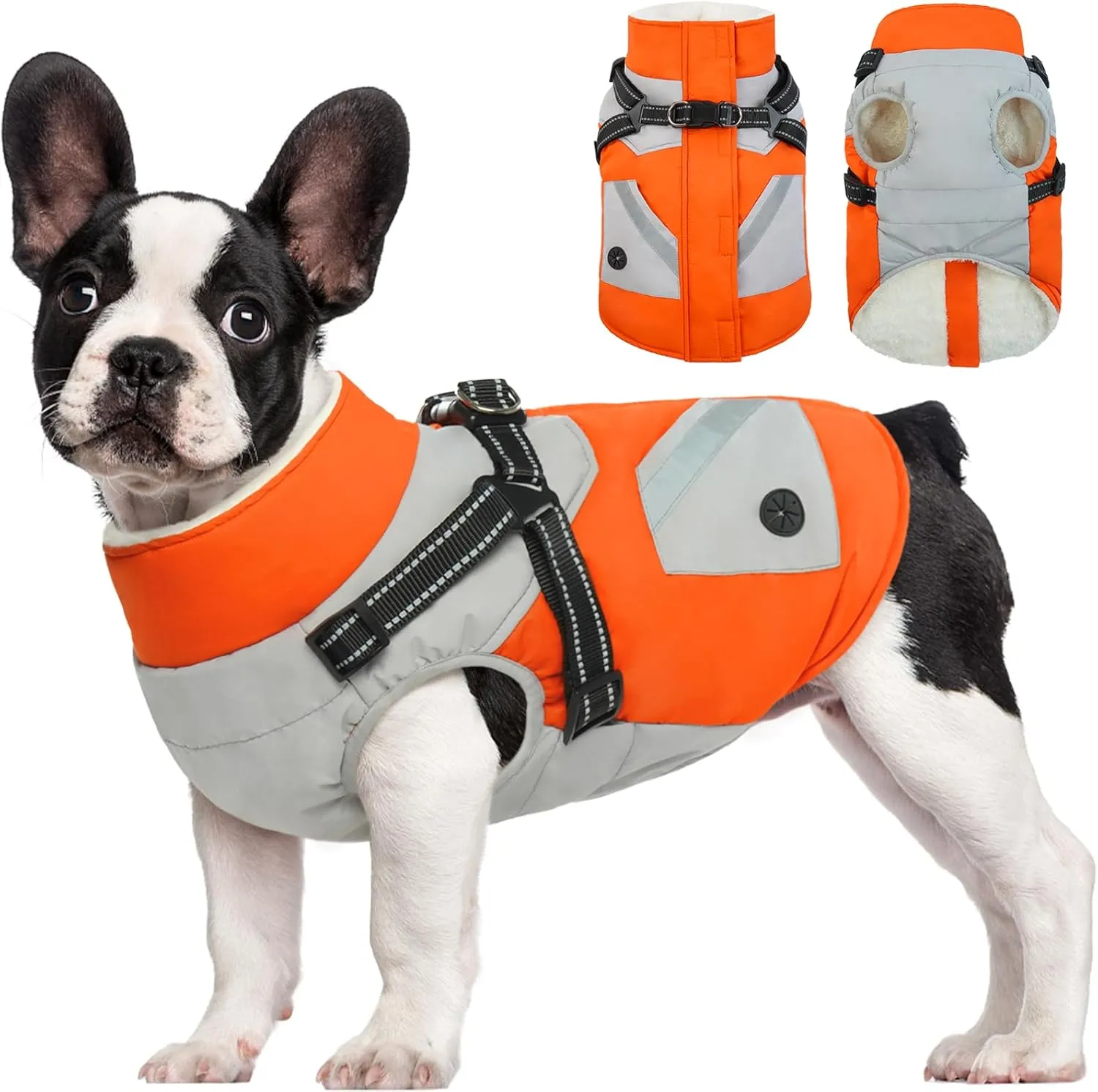 FUAMEY Dog Jacket - Waterproof & Reflective, Built-in Harness, Winter Coat with Zipper, Snowsuit Pet Clothes with Poop Bag Pockets - Orange, Large