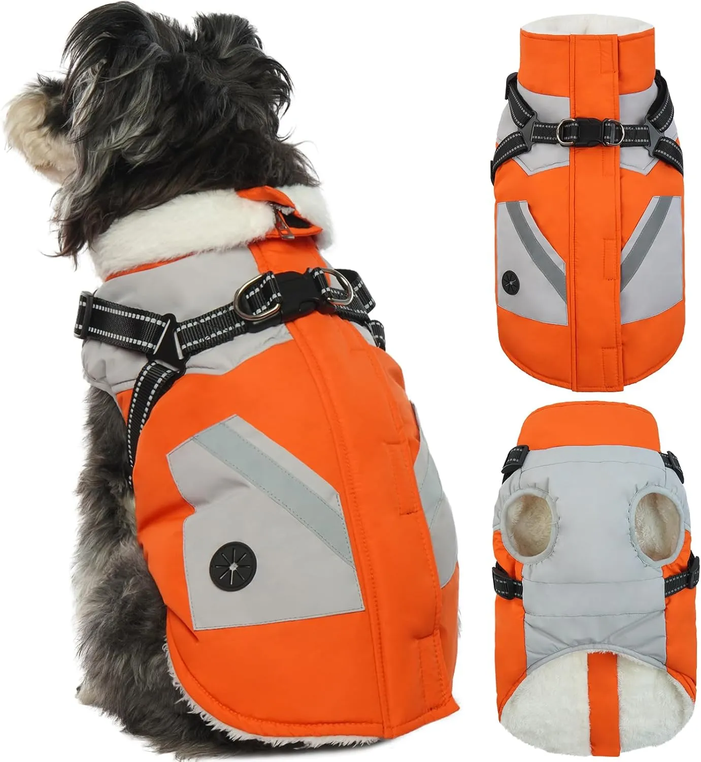 FUAMEY Dog Jacket - Waterproof & Reflective, Built-in Harness, Winter Coat with Zipper, Snowsuit Pet Clothes with Poop Bag Pockets - Orange, Large