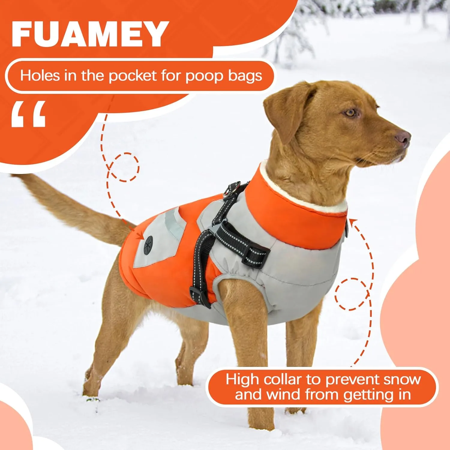 FUAMEY Dog Jacket - Waterproof & Reflective, Built-in Harness, Winter Coat with Zipper, Snowsuit Pet Clothes with Poop Bag Pockets - Orange, Large