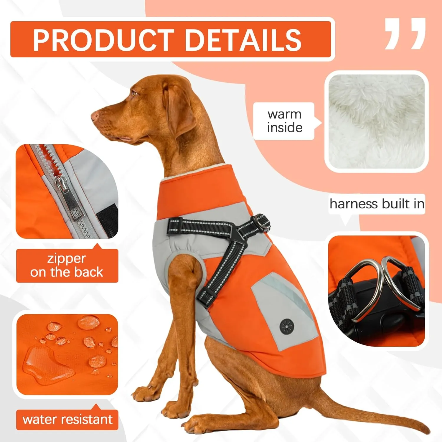 FUAMEY Dog Jacket - Waterproof & Reflective, Built-in Harness, Winter Coat with Zipper, Snowsuit Pet Clothes with Poop Bag Pockets - Orange, Large