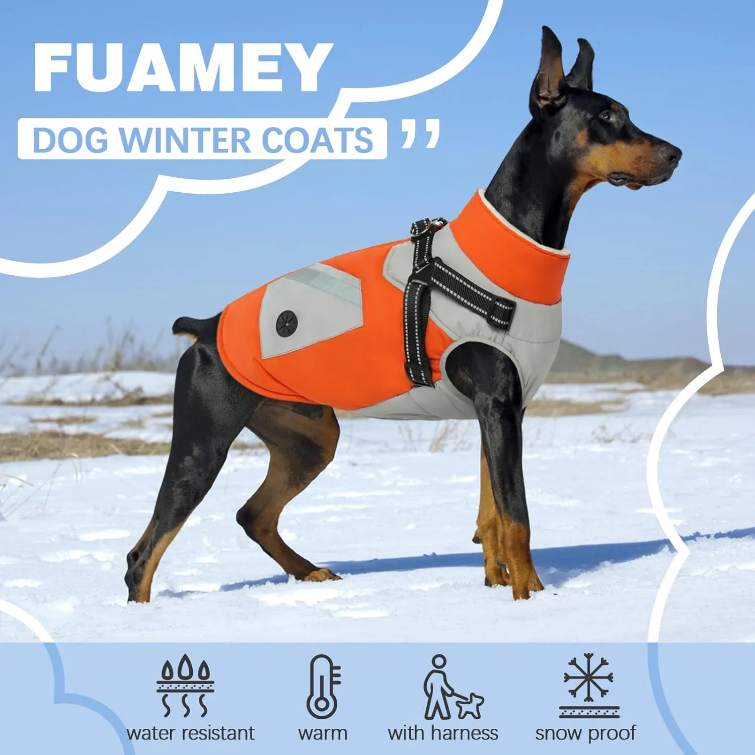 FUAMEY Dog Jacket - Waterproof & Reflective, Built-in Harness, Winter Coat with Zipper, Snowsuit Pet Clothes with Poop Bag Pockets - Orange, Large