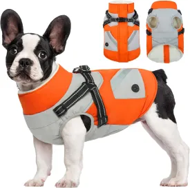 FUAMEY Dog Jacket - Waterproof & Reflective, Built-in Harness, Winter Coat with Zipper, Snowsuit Pet Clothes with Poop Bag Pockets - Orange, Large