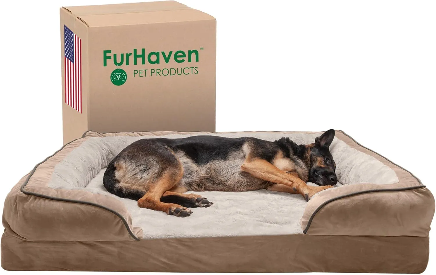 Furhaven Memory Foam Dog Bed for Large Dogs w/ Removable Bolsters & Washable Cover, For Dogs Up to 125 lbs - Plush & Velvet Waves Perfect Comfort Sofa - Brownstone, Jumbo Plus/XXL