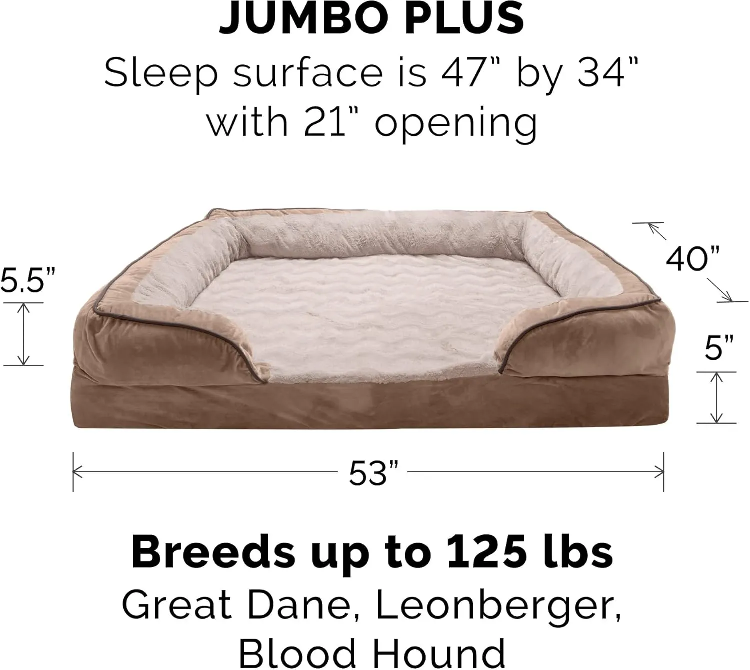 Furhaven Memory Foam Dog Bed for Large Dogs w/ Removable Bolsters & Washable Cover, For Dogs Up to 125 lbs - Plush & Velvet Waves Perfect Comfort Sofa - Brownstone, Jumbo Plus/XXL