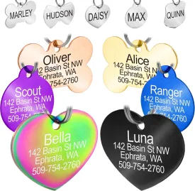 GoTags Steel Pet ID Tags, Personalized Dog Tags and Cat Tags, up to 8 Lines of Custom Engraved Text, Bone, Round, Heart, Bow Tie and More in 7 Colors Gold, Rainbow, Silver (Heart, Regular)