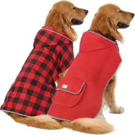 HDE Reversible Dog Raincoat Hooded Slicker Poncho Rain Coat Jacket for Small Medium Large Dogs Buffalo Plaid Red - XL