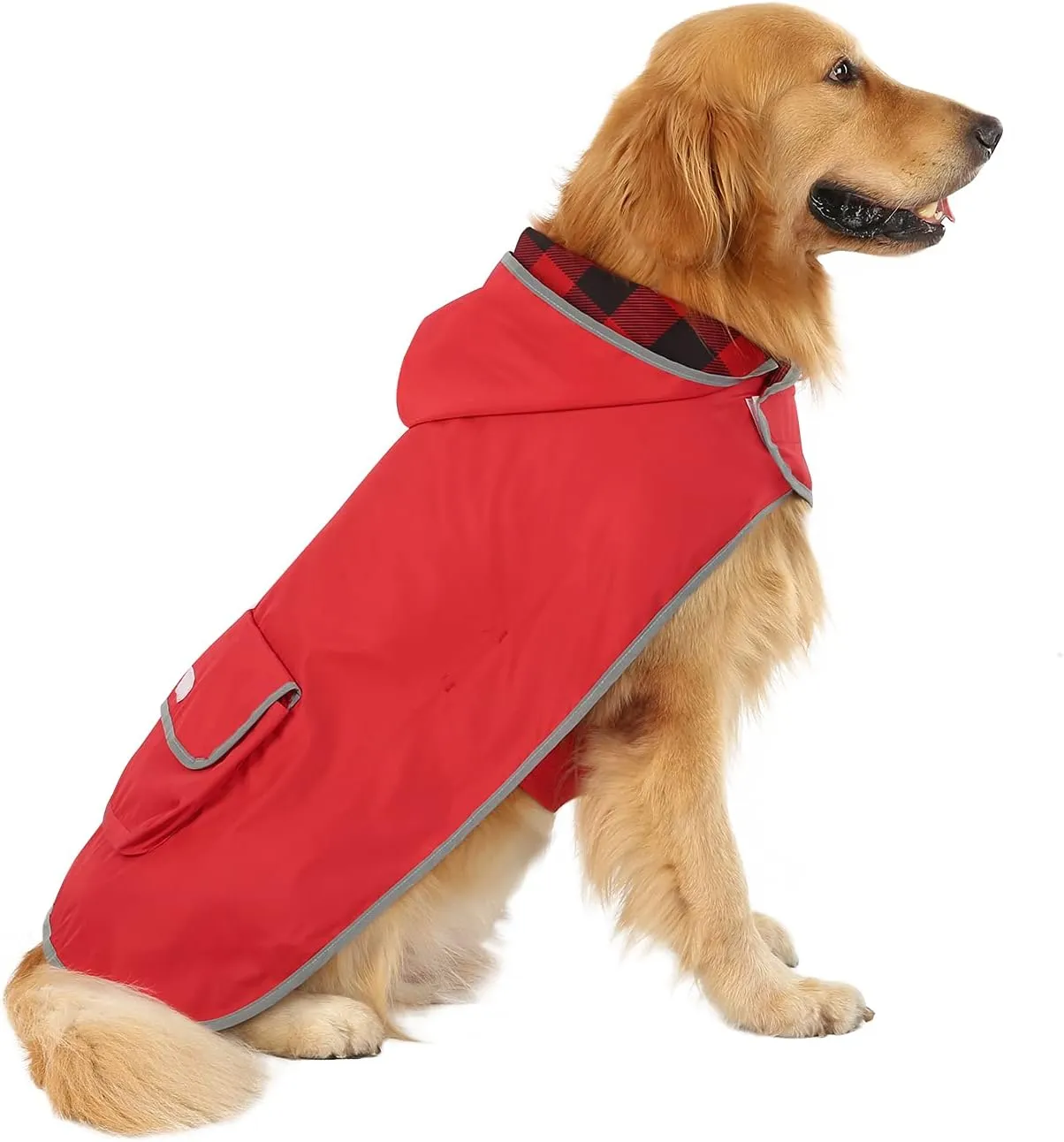 HDE Reversible Dog Raincoat Hooded Slicker Poncho Rain Coat Jacket for Small Medium Large Dogs Buffalo Plaid Red - XL