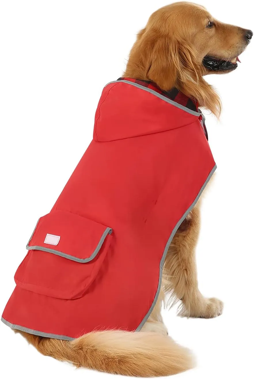 HDE Reversible Dog Raincoat Hooded Slicker Poncho Rain Coat Jacket for Small Medium Large Dogs Buffalo Plaid Red - XL