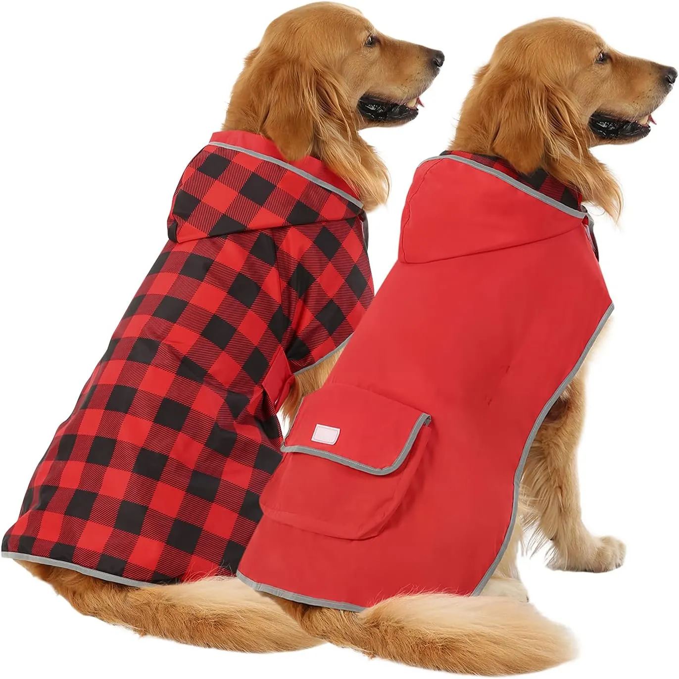 HDE Reversible Dog Raincoat Hooded Slicker Poncho Rain Coat Jacket for Small Medium Large Dogs Buffalo Plaid Red - XL
